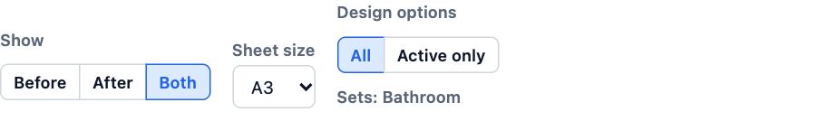 The Show choice set to Both, Sheet size A3, and Design options set to All with the set called Bathroom.