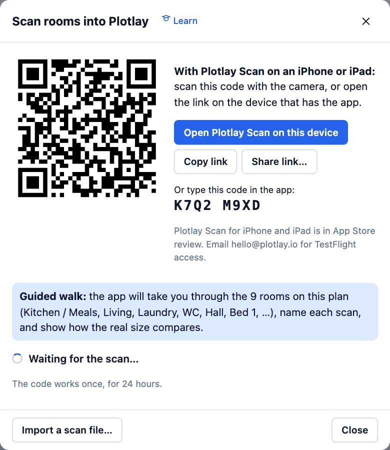 The Scan rooms into Plotlay dialog: a QR code, Open Plotlay Scan on this device, Copy link, and an 8-character code to type in the app.