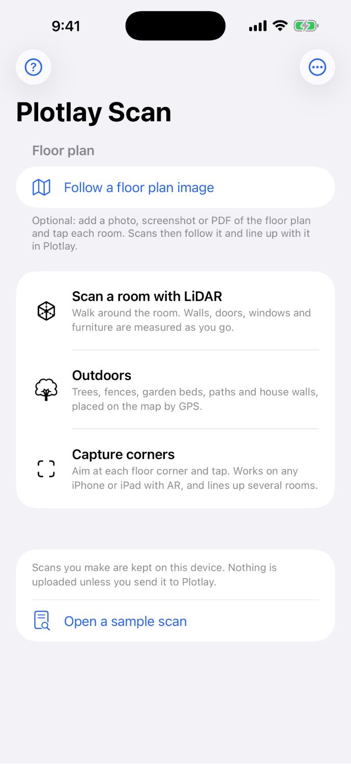 Plotlay Scan on an iPhone: Follow a floor plan image, then Scan a room with LiDAR, Outdoors and Capture corners, and Open a sample scan.