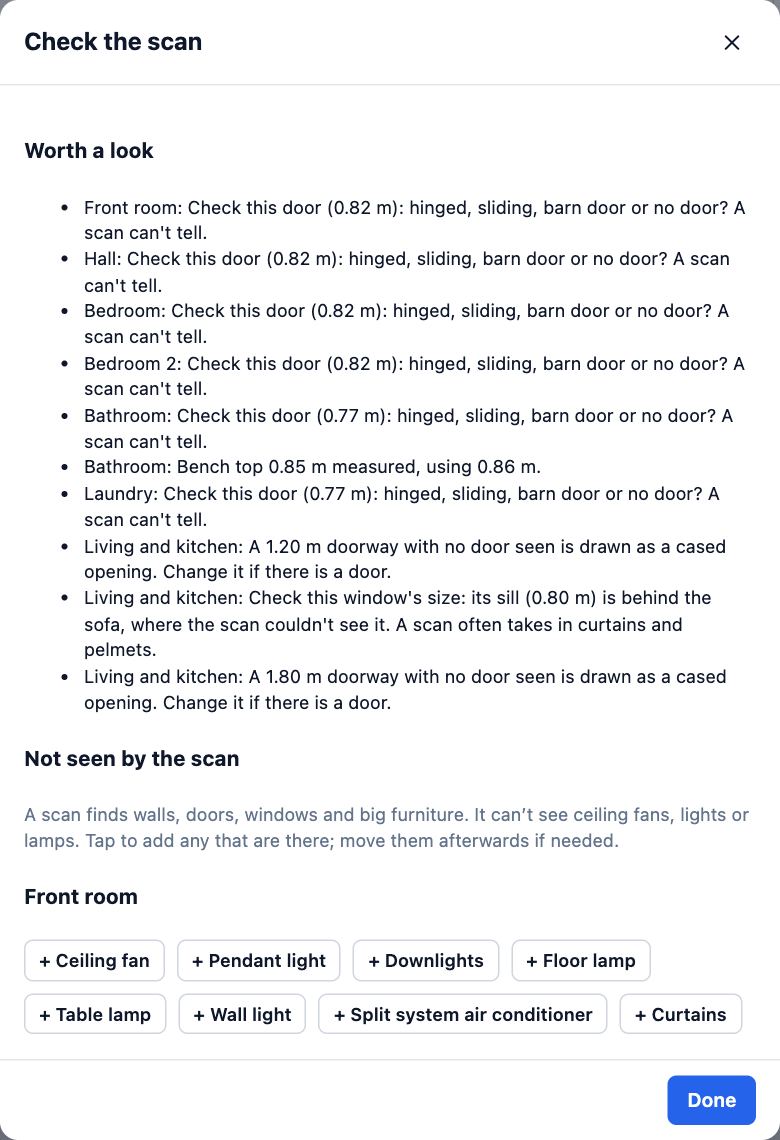 The Check the scan dialog after a seven-room scan arrives: doors to confirm under Worth a look, and buttons to add ceiling fans, lights and curtains under Not seen by the scan.
