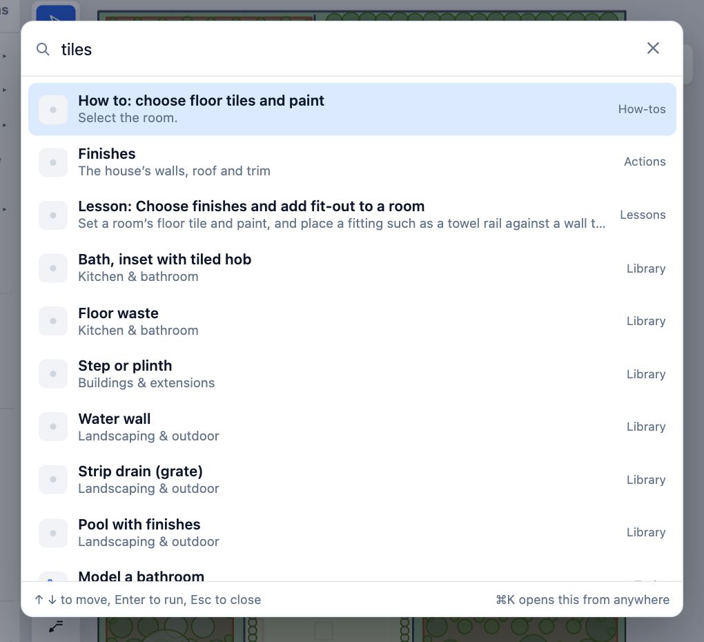 The search box with tiles typed: How to choose floor tiles and paint is first, then Finishes, Library items and the Model a bathroom task.
