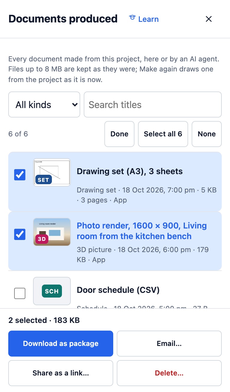 Documents produced on a phone with two documents ticked and the bar at the bottom: 2 selected, Download as package, Email, Share as a link and Delete.