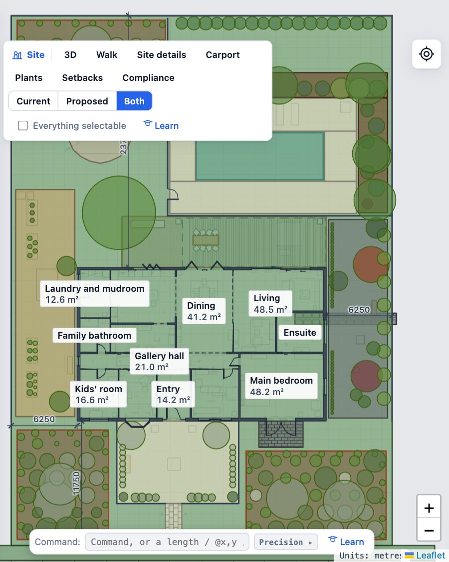 The Showroom site plan with the setback dimensions shown in millimetres from the house walls to the boundary.