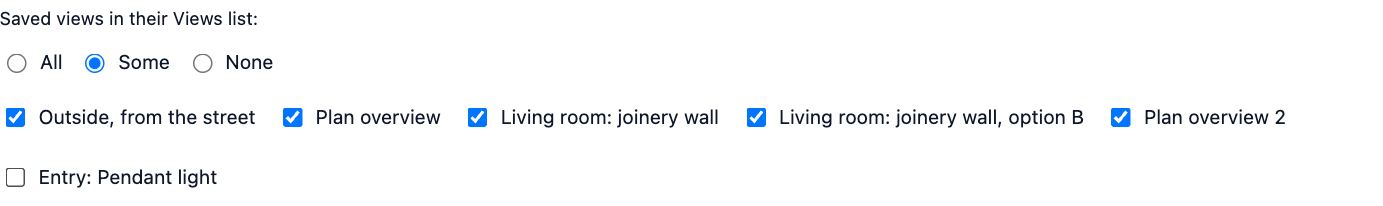 In the Share dialog, under Limit what they see or change: saved views in their Views list set to Some, with the views to show ticked and one left out.