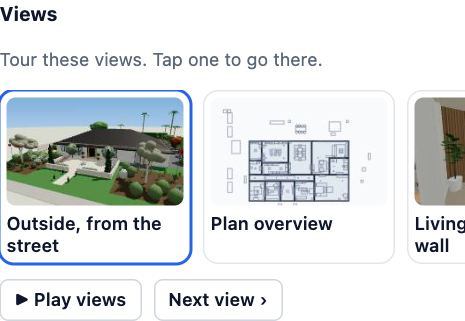 Preview what they see: the shared project panel with the Views strip, Tour these views. Tap one to go there, a picture for each view, Play views and Next view.