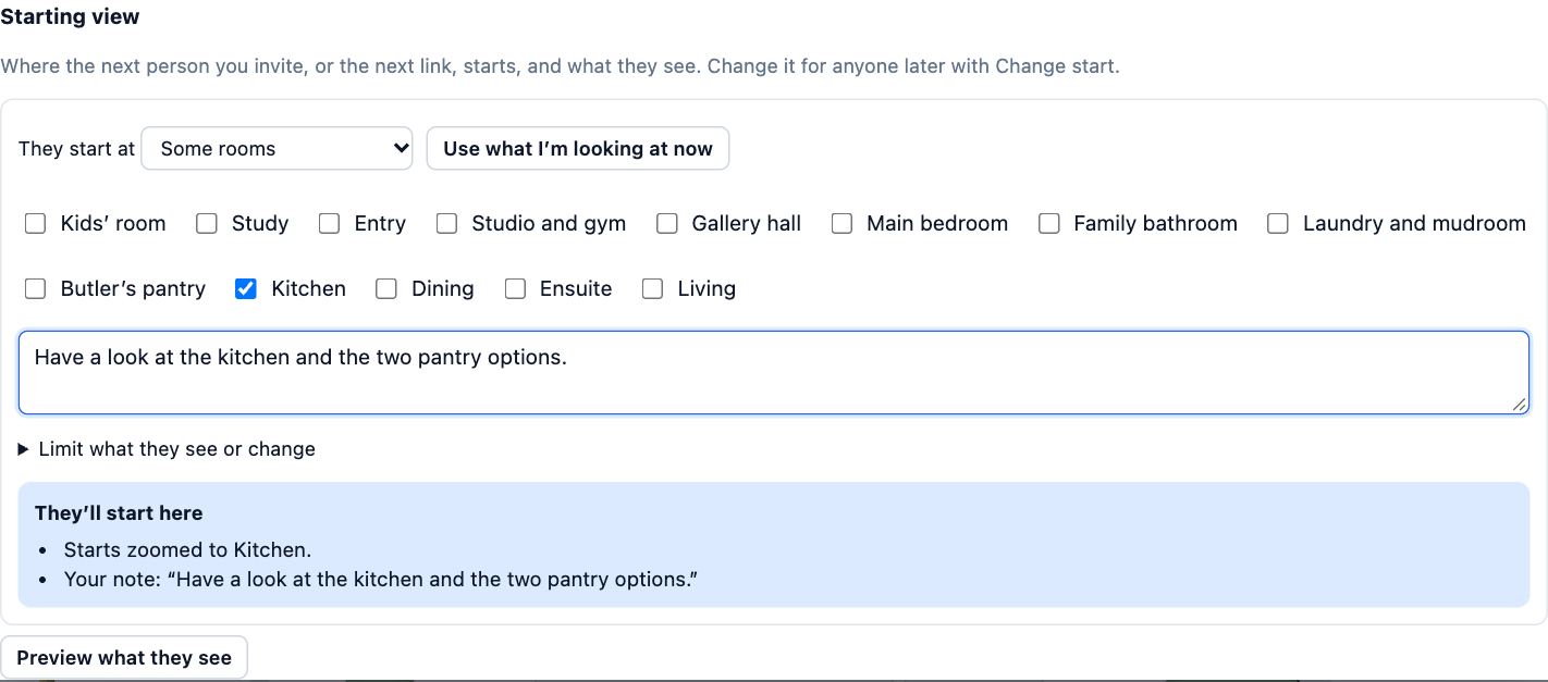 Starting view in the Share dialog: They start at some rooms, a note to the builder, and a preview of where they will start.
