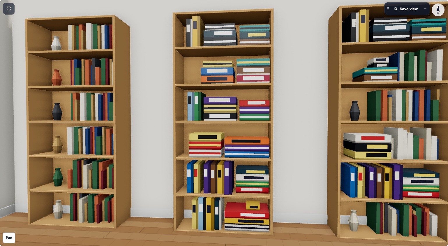 Three oak bookcases in 3D: one with books, one with stacks of board game boxes and some stood on edge, one mixing books and games shelf by shelf.