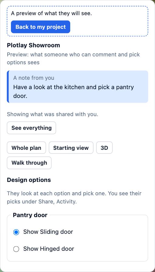 The preview of what a guest sees: the note about the pantry doors, Starting view, 3D and Walk through, the Pantry door options and Back to my project.