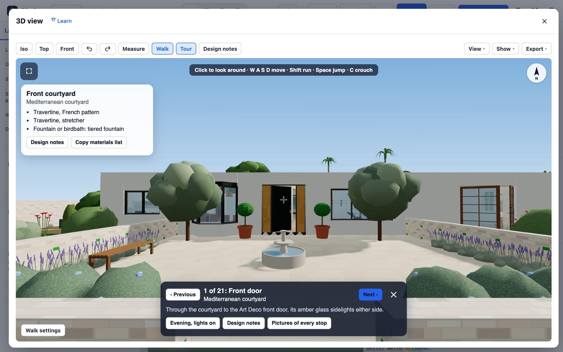 The 3D view on the first tour stop: the front courtyard with its fountain, a card listing travertine paving, and the tour bar with Previous and Next.