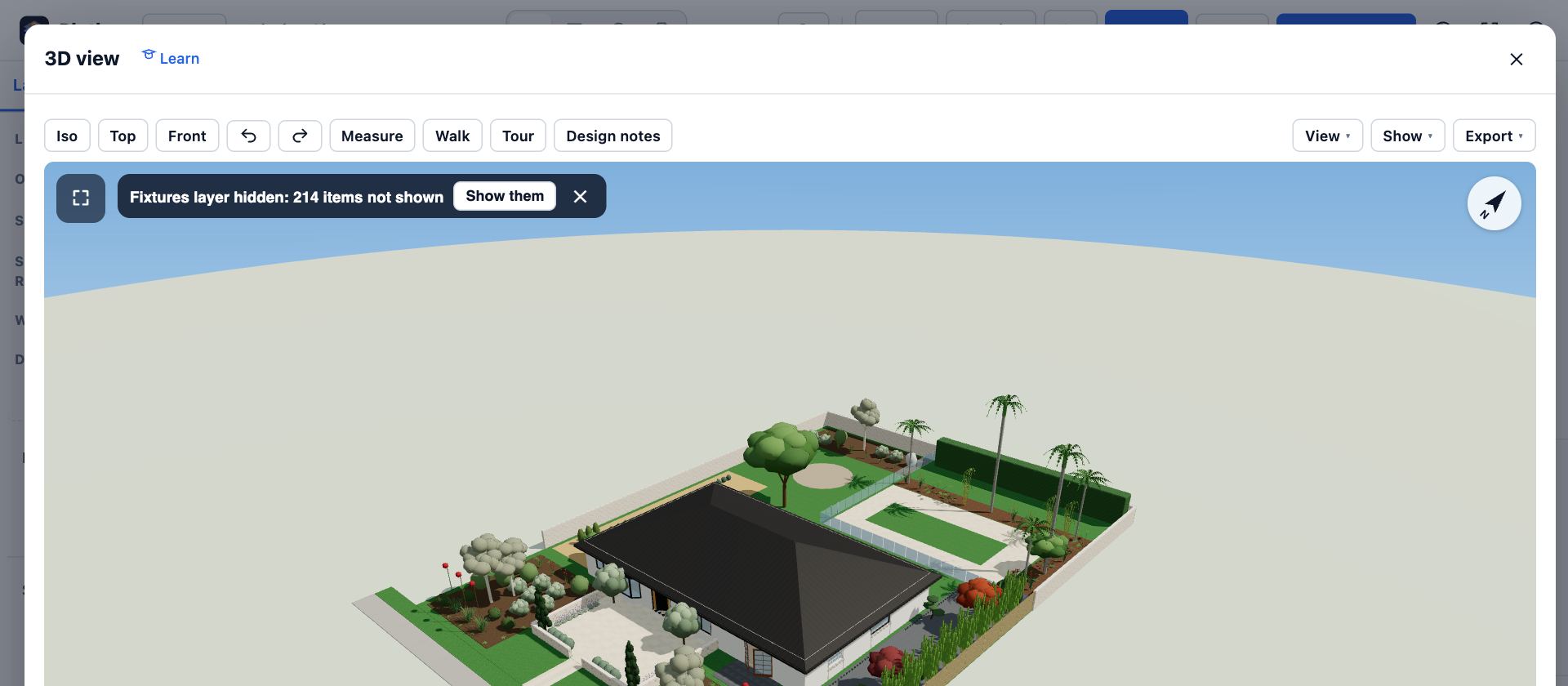 The Showroom in 3D with the Fixtures layer hidden: a note at the top says the items are not shown, with a Show them button.