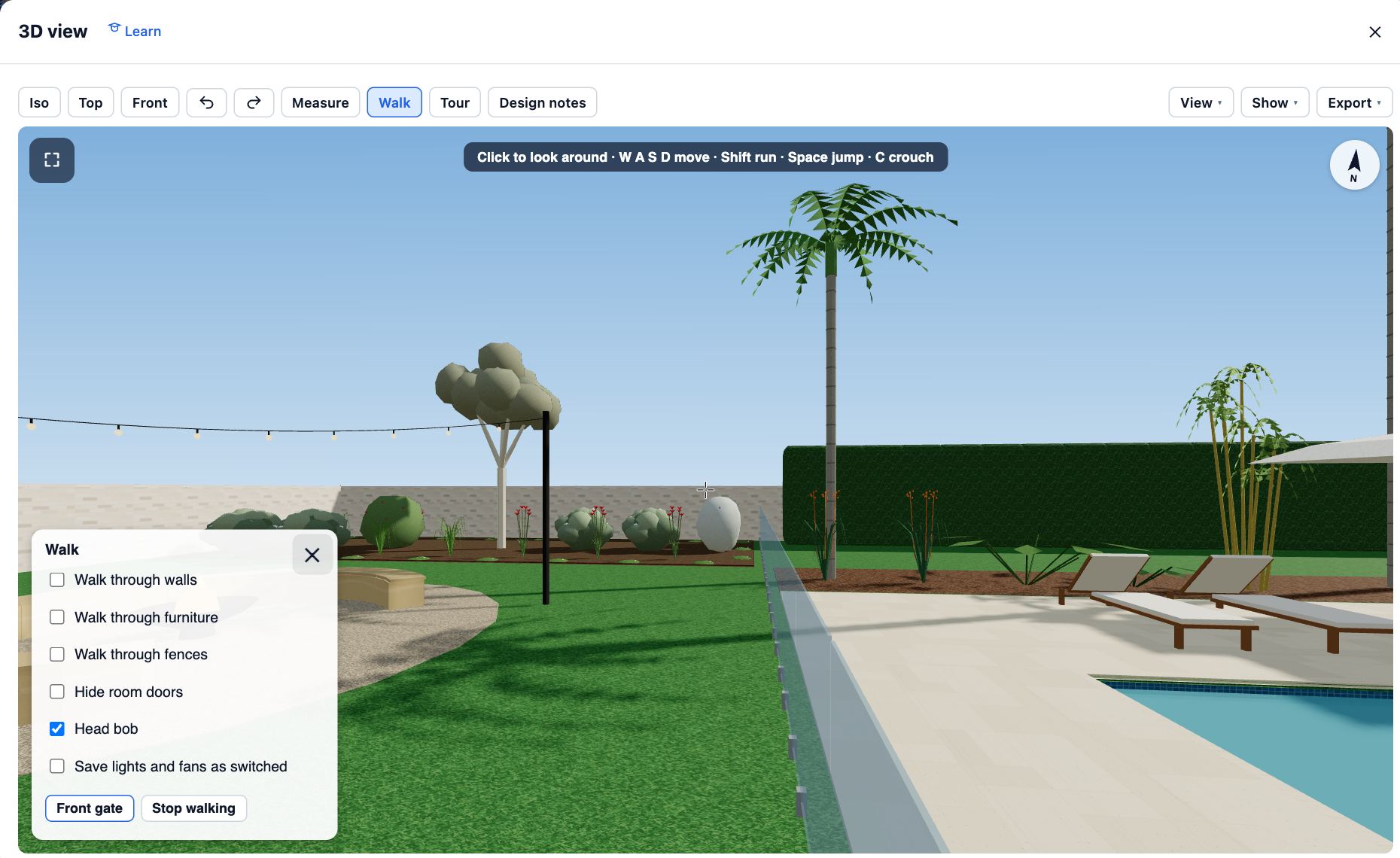 The 3D view in walk mode in the Showroom garden by the pool, with the walk panel listing Walk through walls, Hide room doors, Front gate and Stop walking.