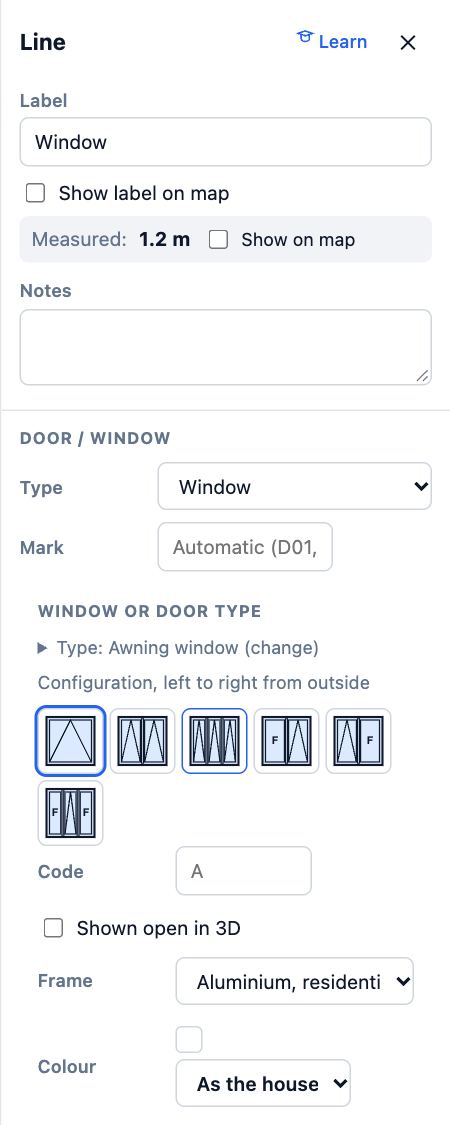 The panel for the selected window after choosing Awning: Type Window, Mark, and Window or door type with the awning configurations, frame and colour.