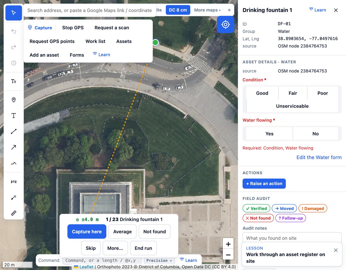A work list run on the Lincoln Memorial grounds: 1 of 23, Drinking fountain 1, a dashed line to it, the bar with Capture here, Average, Not found, Skip and End run, and its Water form on the right.
