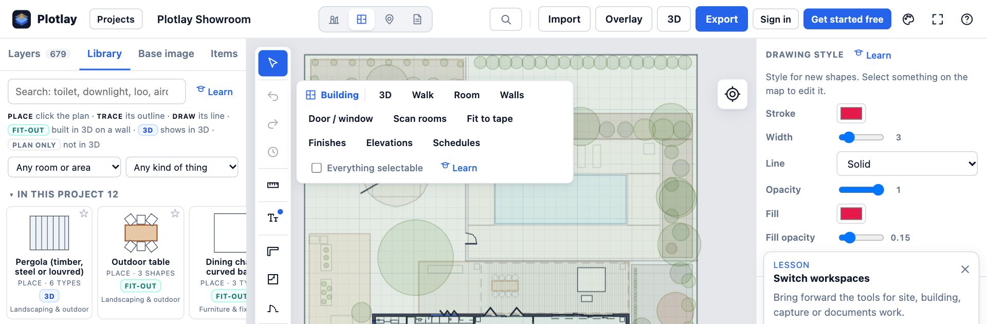 The Building workspace on the Showroom plan: the action bar shows Room, Walls, Door / window, Scan rooms, Fit to tape, Finishes, Elevations and Schedules.